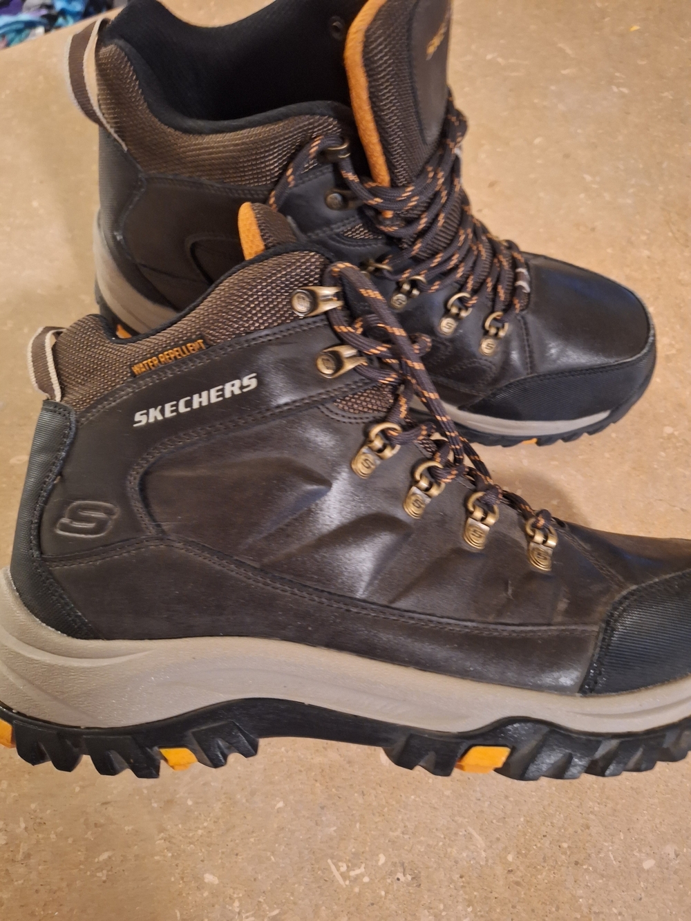 Skechers Men's Black and Brown Waterproof Hiker Boots with Orange Accents
